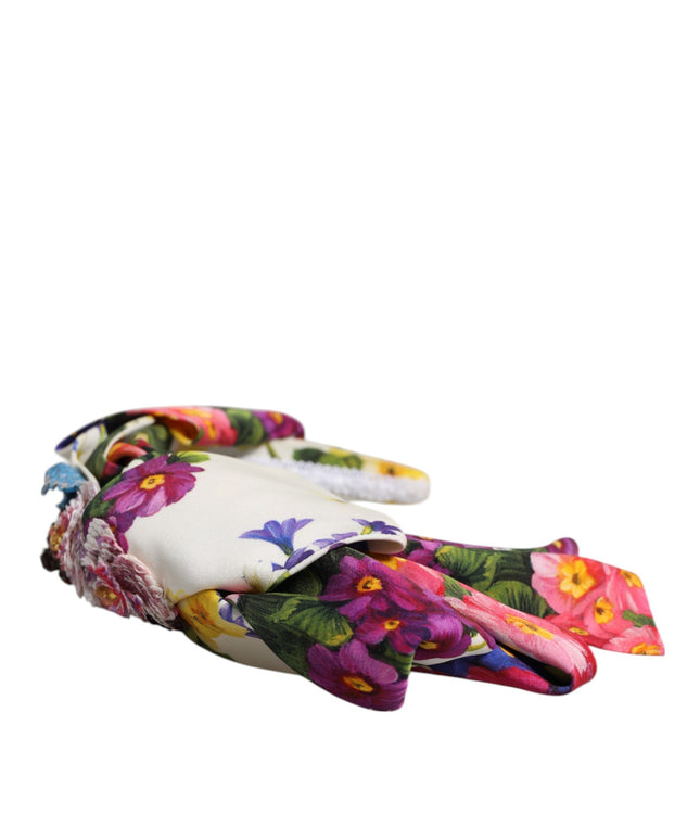 Dolce & Gabbana White Multicolor Floral Silk Bow Crystal Embellished Headband
