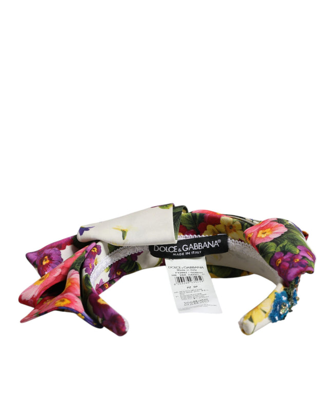 Dolce & Gabbana White Multicolor Floral Silk Bow Crystal Embellished Headband