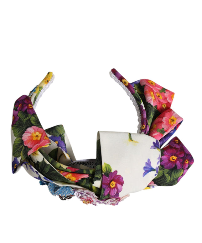 Dolce & Gabbana White Multicolor Floral Silk Bow Crystal Embellished Headband