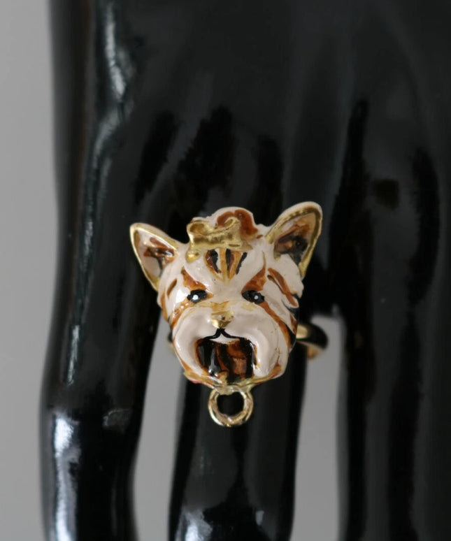 Dolce & Gabbana Gold Brass Resin Beige Dog Pet Accessory Ring