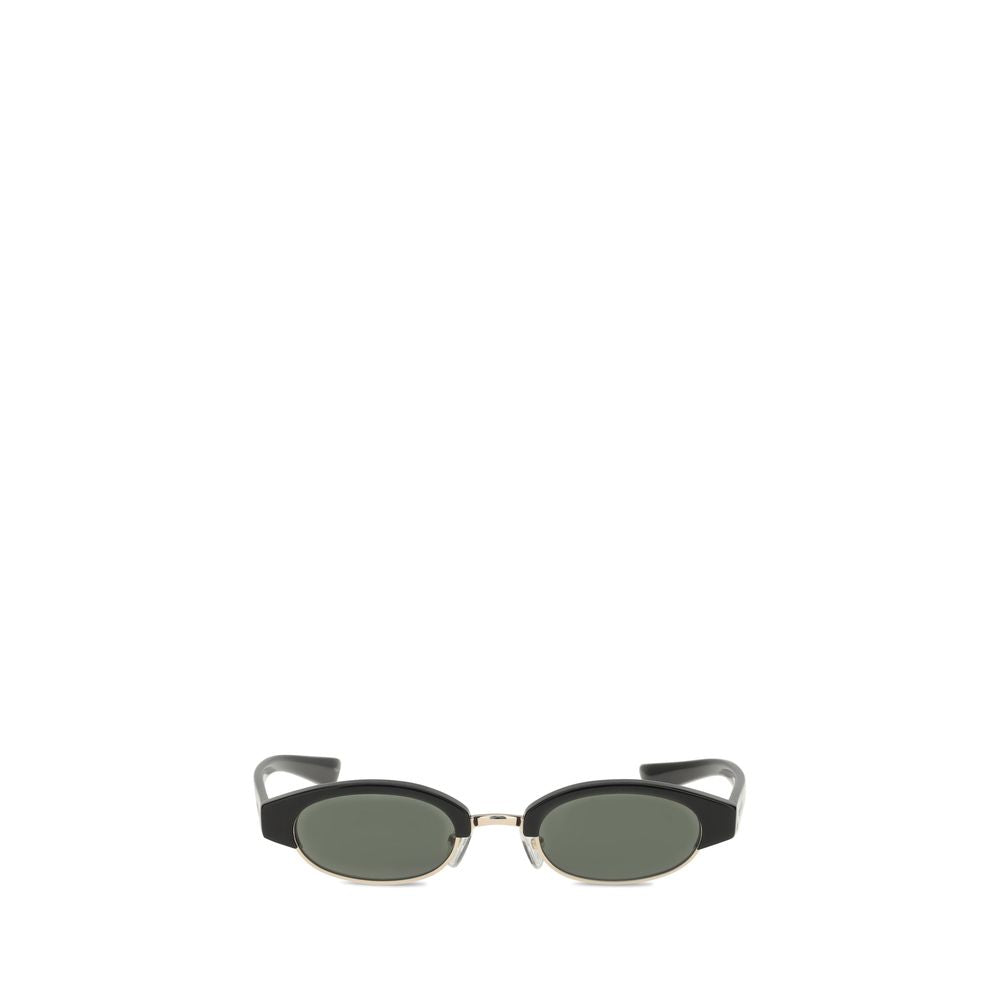 Alexander McQueen Ellipse Sunglasses in black with oval green-tinted lenses and gold-tone bridge, perfect for women's luxury accessories.
