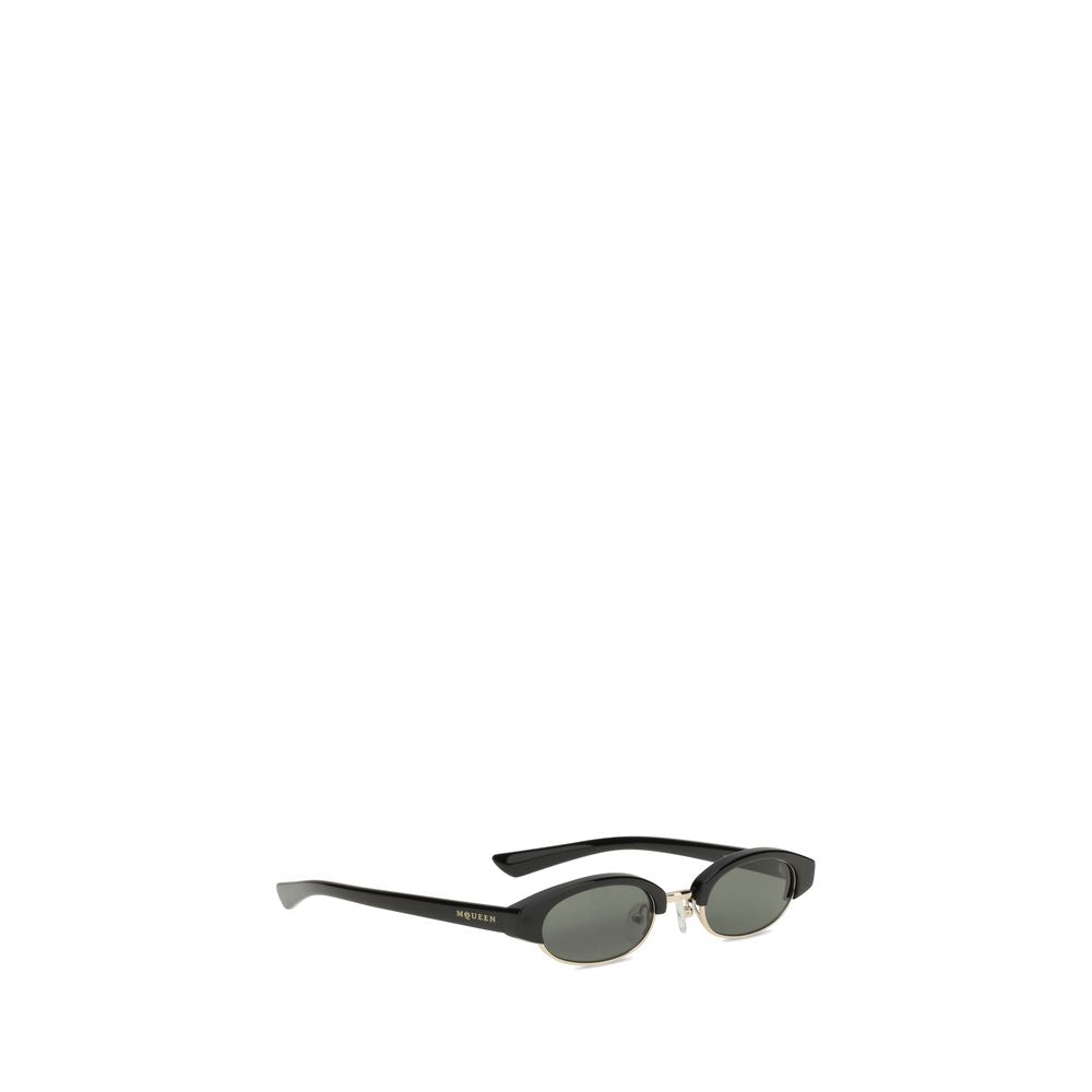 Side view of Alexander McQueen Ellipse Sunglasses featuring black acetate frame, green lenses, and logo detail on the temple for a chic accessory look.