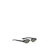 Side view of Alexander McQueen Ellipse Sunglasses featuring black acetate frame, green lenses, and logo detail on the temple for a chic accessory look.