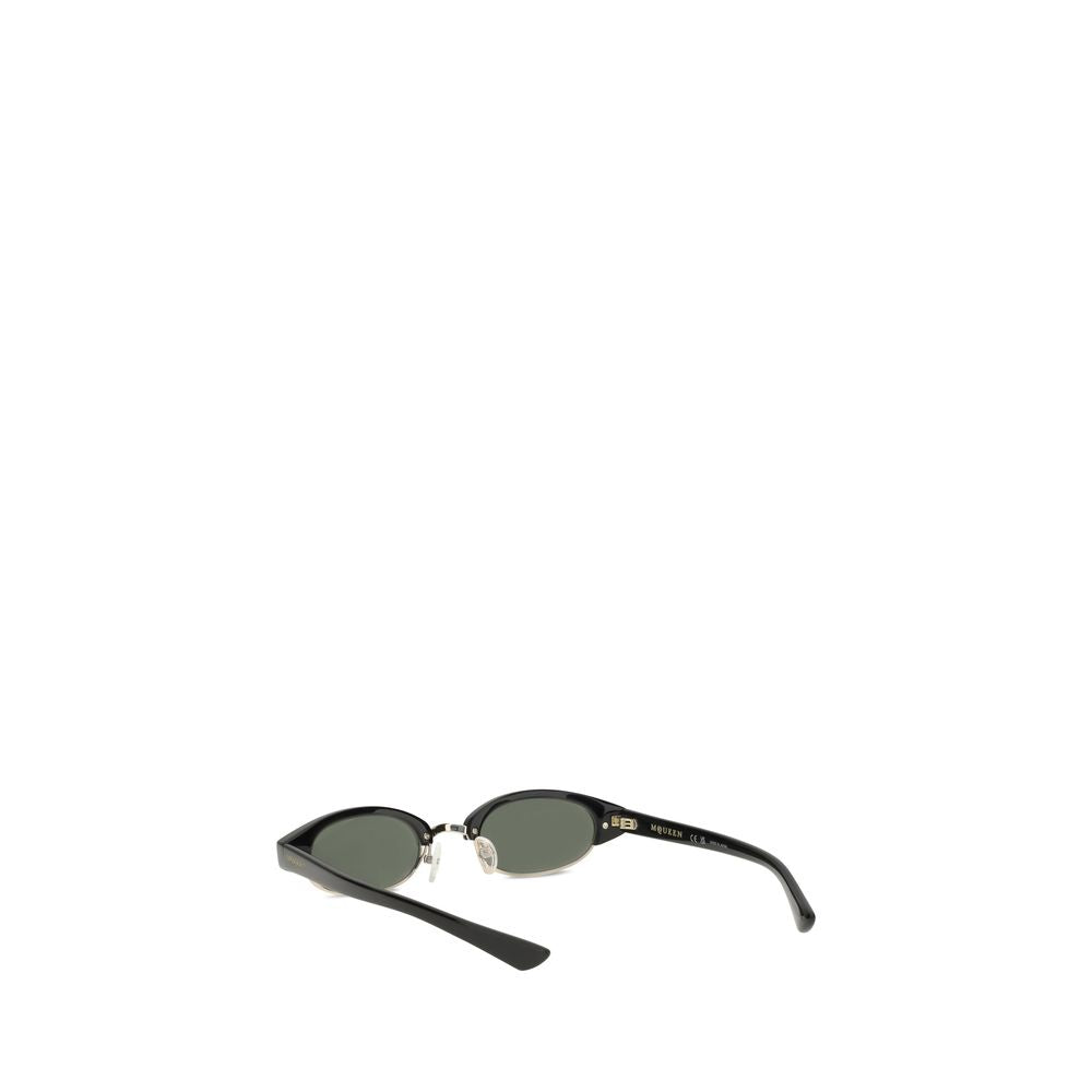 Angled rear view of Alexander McQueen Ellipse Sunglasses showcasing slim black arms, gold-tone accents, and green oval lenses for stylish eyewear.