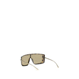 Rear diagonal view of Alexander McQueen Havana T-Bar Visor Sunglasses highlighting the wraparound visor style and elegant metallic arms for women.