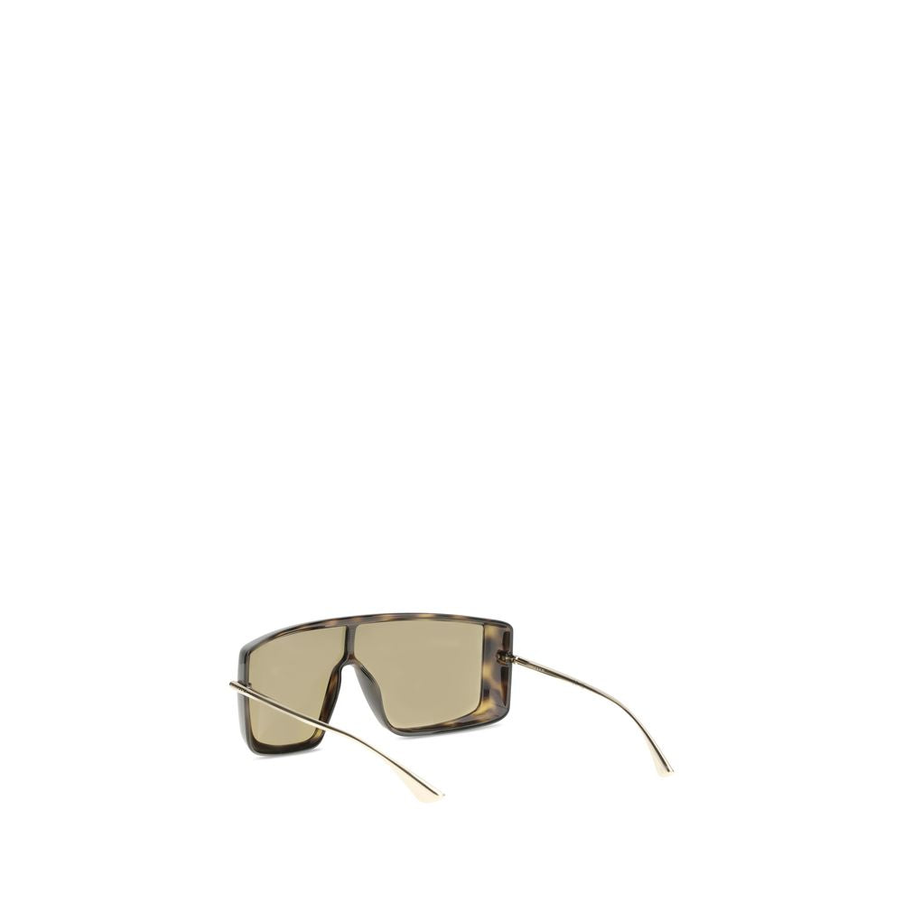 Rear diagonal view of Alexander McQueen Havana T-Bar Visor Sunglasses highlighting the wraparound visor style and elegant metallic arms for women.