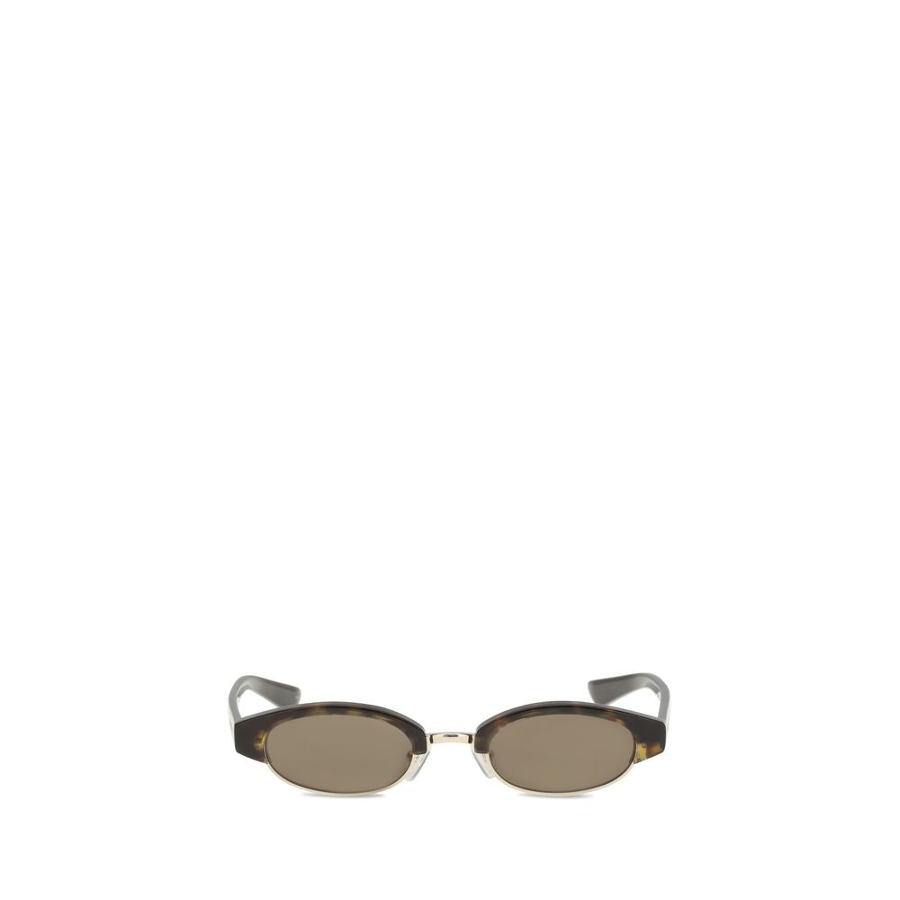 Front view of Alexander McQueen Ellipse Sunglasses featuring brown oval lenses with a gold-tone bridge and dark acetate frame for women.
