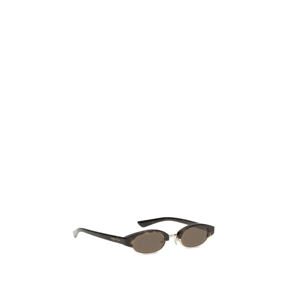 Angled side view of Alexander McQueen Ellipse Sunglasses showing brown lenses, dark temples, and brand logo on the arm, ideal for stylish accessories.