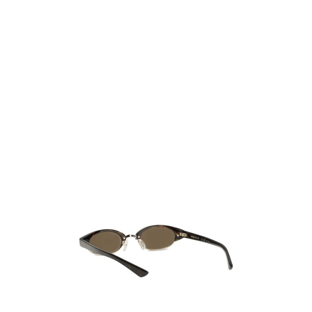 Rear angled view of Alexander McQueen Ellipse Sunglasses highlighting the curved arms and sleek brown frame, perfect for women's fashion accessories.