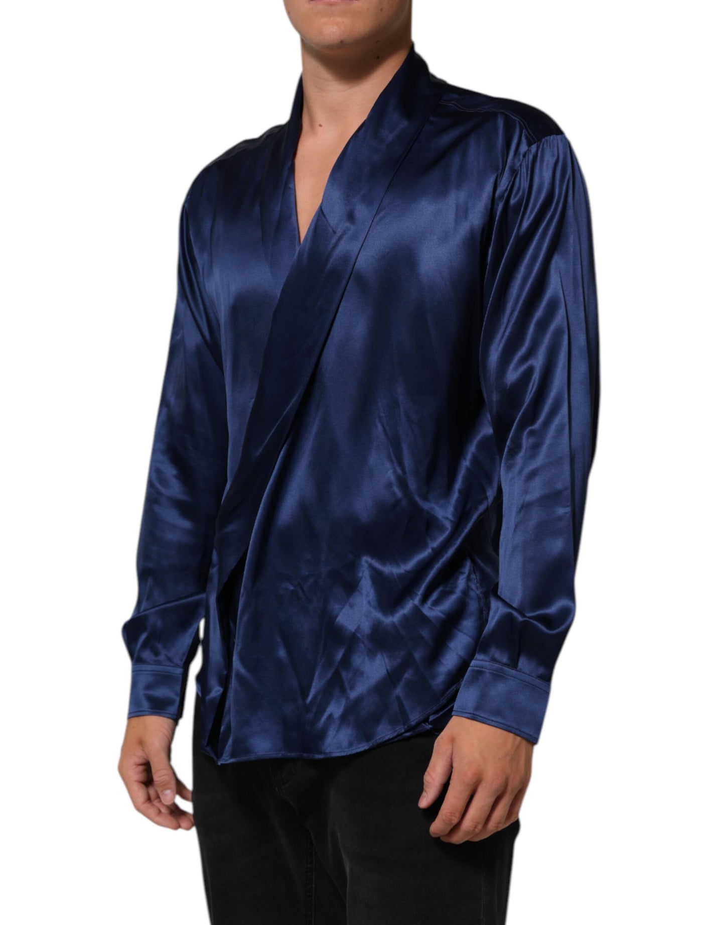 Dolce & Gabbana Blue Oversize Silk Satin Long Sleeves Shirt