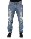 Dolce & Gabbana Blue Tattered Slim Fit Cotton Denim Jeans