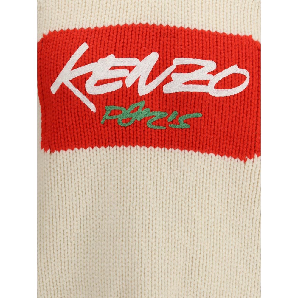 Close-up of Kenzo x Futura 2000 Jumper front logo, highlighting red knit panel with Kenzo Paris text in white and green embroidery.