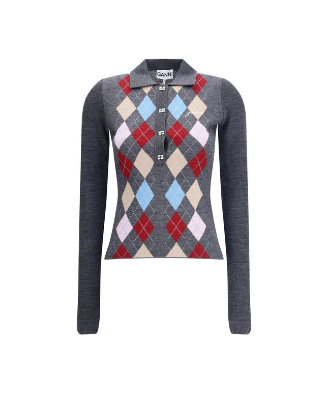 Ganni Print polo Sweater in gray with multicolor argyle pattern and crystal button details, long sleeves, and fitted silhouette for women.