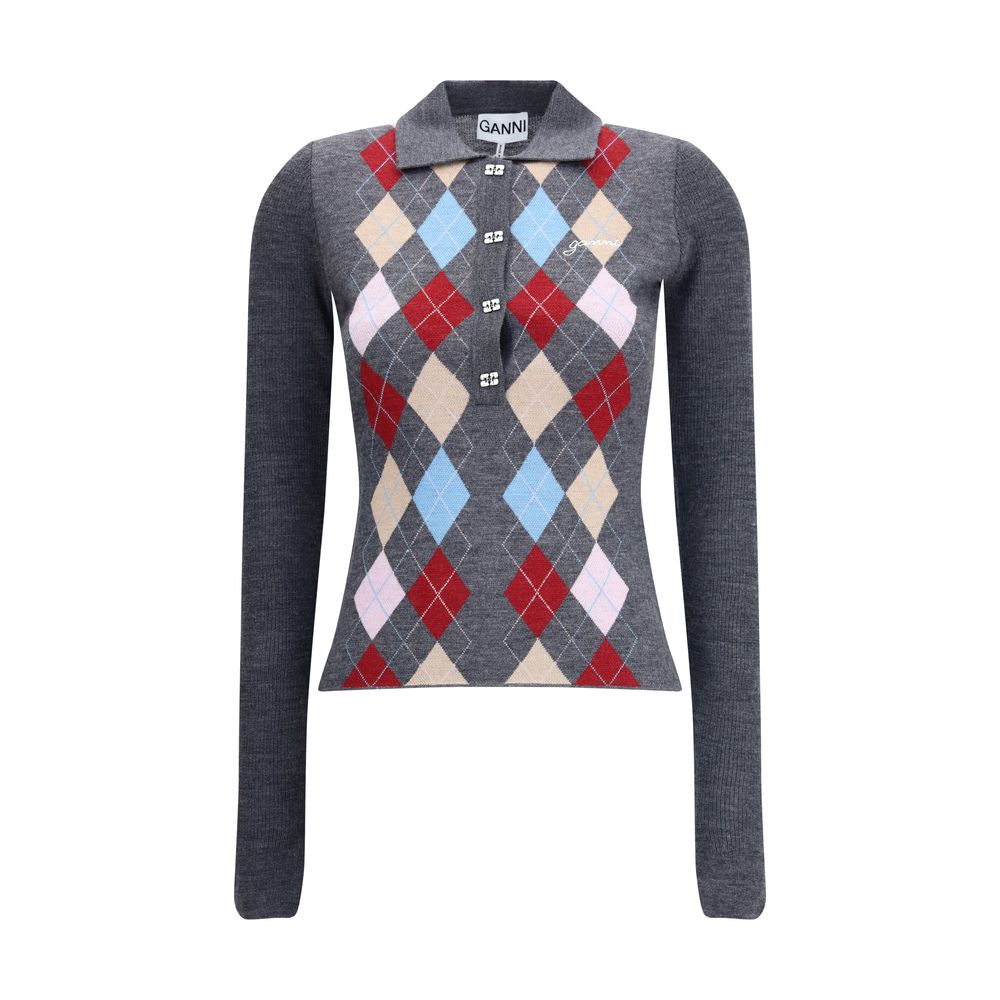 Ganni Print polo Sweater in gray with multicolor argyle pattern and crystal button details, long sleeves, and fitted silhouette for women.