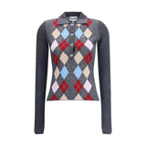 Ganni Print polo Sweater in gray with multicolor argyle pattern and crystal button details, long sleeves, and fitted silhouette for women.