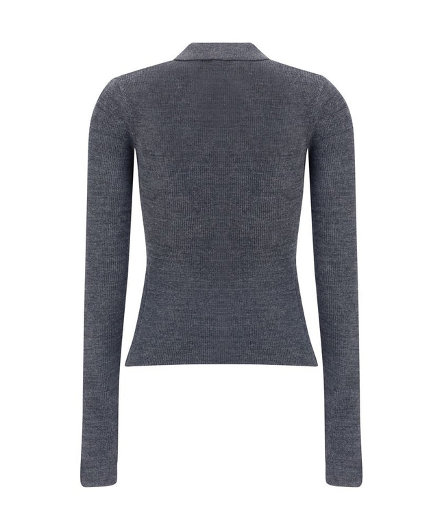 Back view of Ganni Print polo Sweater in solid gray, showcasing long sleeves and a slim, tailored fit for a sleek women's fashion look.