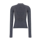 Back view of Ganni Print polo Sweater in solid gray, showcasing long sleeves and a slim, tailored fit for a sleek women's fashion look.