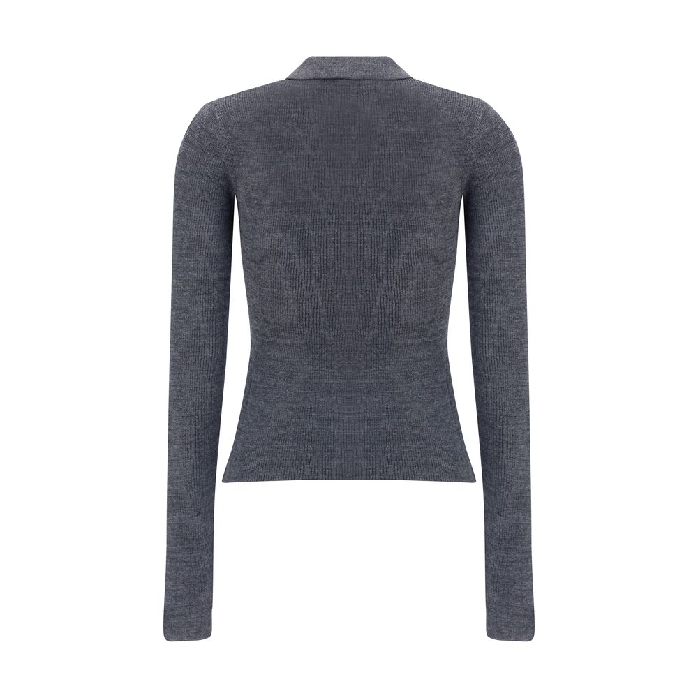 Back view of Ganni Print polo Sweater in solid gray, showcasing long sleeves and a slim, tailored fit for a sleek women's fashion look.