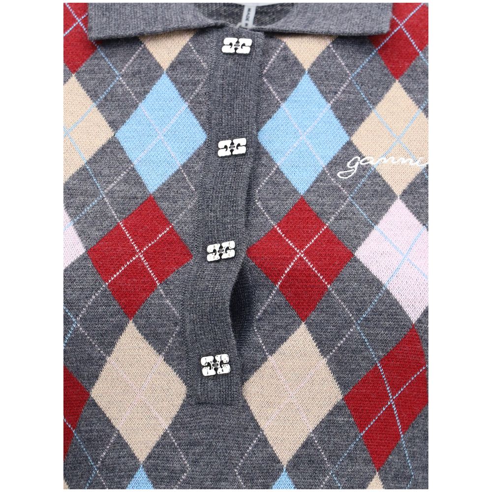 Close-up of Ganni Print polo Sweater front placket with crystal buttons and embroidered logo, highlighting argyle knit pattern in red, blue, and beige.