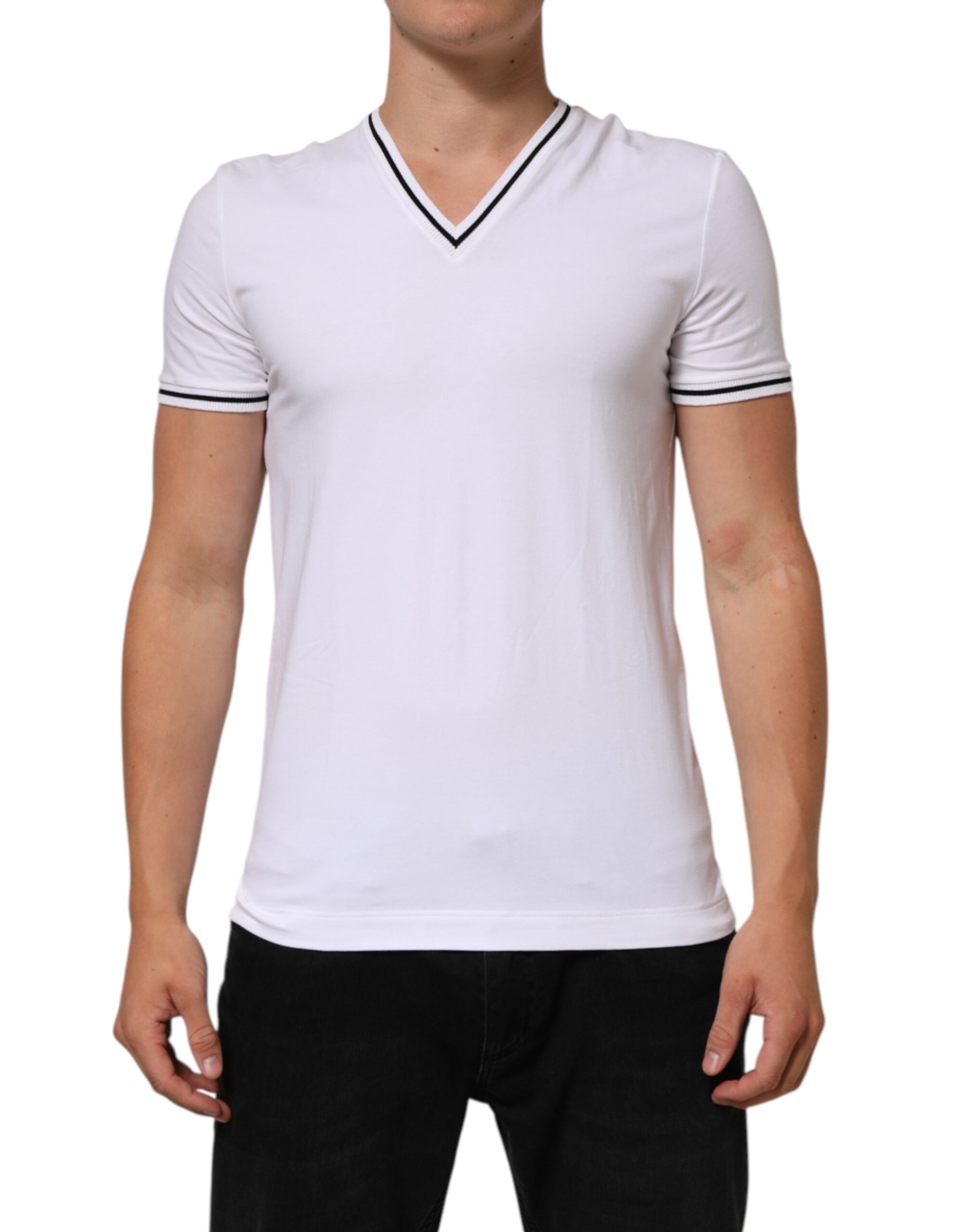 Dolce & Gabbana White Short Sleeves Deep V-Neck Men T-shirt