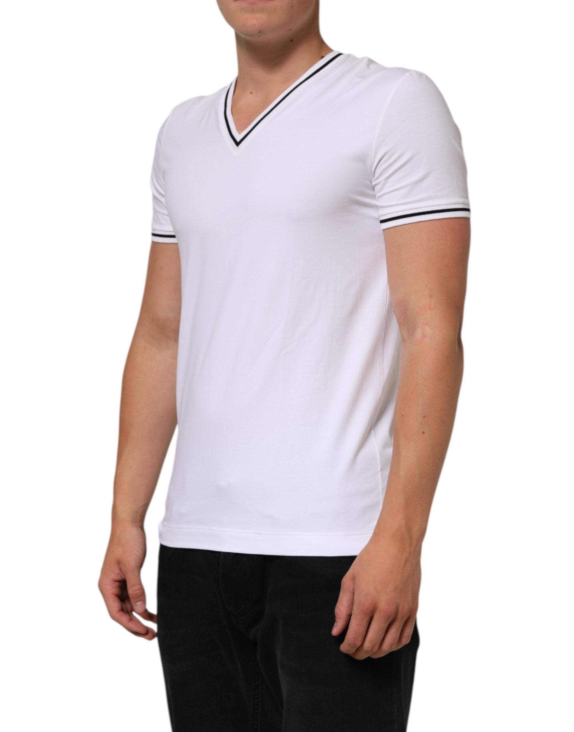 Dolce & Gabbana White Short Sleeves Deep V-Neck Men T-shirt