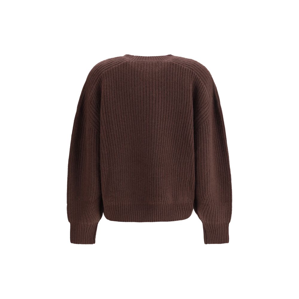 Back view of Loulou De Saison Ribbed cashmere Sweater in brown, showcasing relaxed fit and ribbed knit texture for cozy layering.