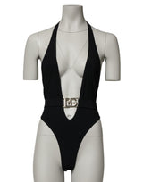 Dolce & Gabbana Black Nylon Deep V-Neck One Piece Swimwear