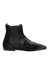 Dolce & Gabbana Black Leather Fur Men CHELSEA Boots Shoes
