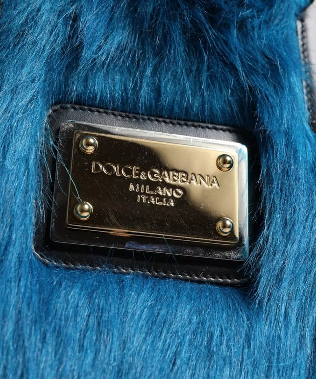 Dolce & Gabbana Blue Fur Logo Plaque Double Handle Shoulder Bag