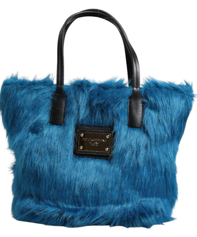 Dolce & Gabbana Blue Fur Logo Plaque Double Handle Shoulder Bag