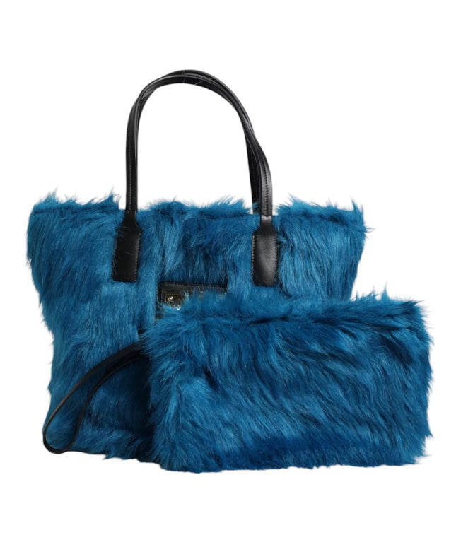 Dolce & Gabbana Blue Fur Logo Plaque Double Handle Shoulder Bag