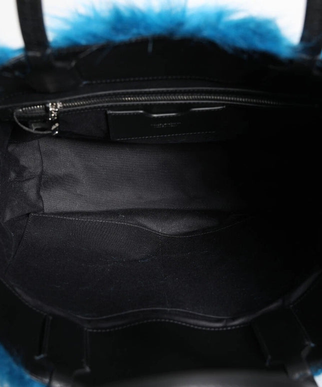 Dolce & Gabbana Blue Fur Logo Plaque Double Handle Shoulder Bag