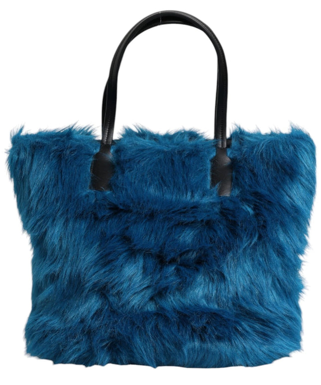 Dolce & Gabbana Blue Fur Logo Plaque Double Handle Shoulder Bag