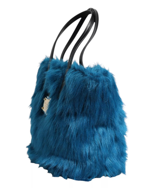 Dolce & Gabbana Blue Fur Logo Plaque Double Handle Shoulder Bag