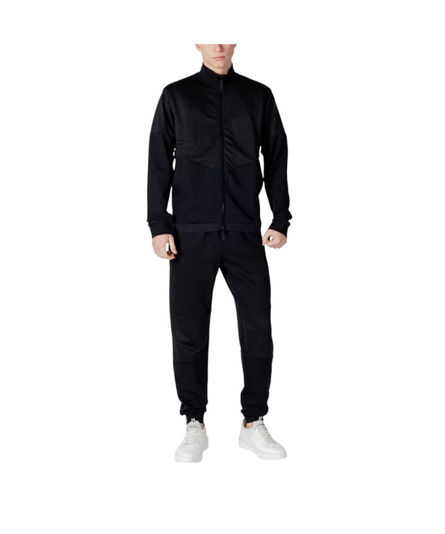 EA7 Emporio Armani Black Cotton Sweatsuit for men featuring a full-zip jacket and jogger pants, ideal for casual or athletic wear.