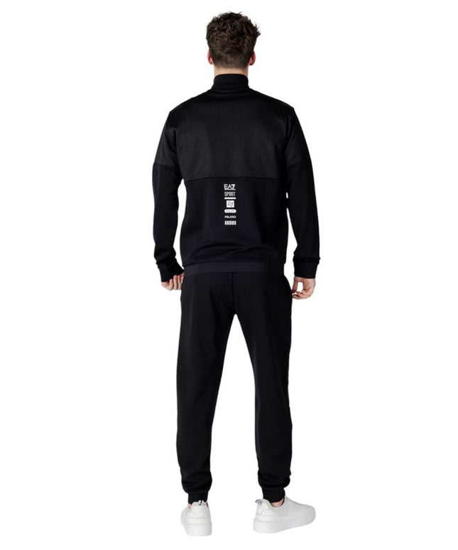 Back view of EA7 Emporio Armani Black Cotton Sweatsuit showcasing logo print on the jacket, designed for modern sportswear style.