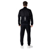 Back view of EA7 Emporio Armani Black Cotton Sweatsuit showcasing logo print on the jacket, designed for modern sportswear style.