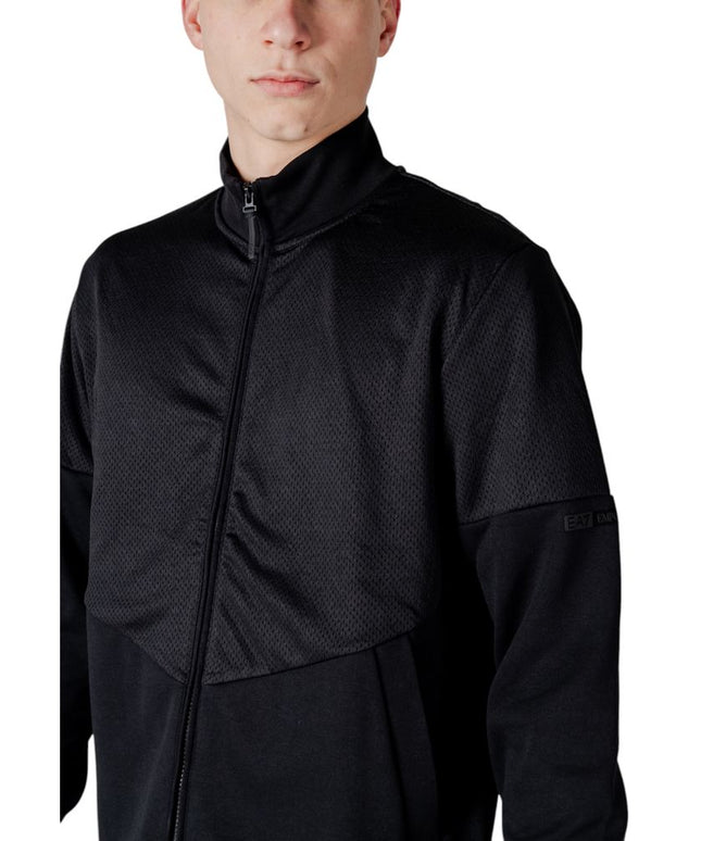 Close-up of EA7 Emporio Armani Black Cotton Sweatsuit jacket showing mesh-textured upper panel and subtle sleeve branding.