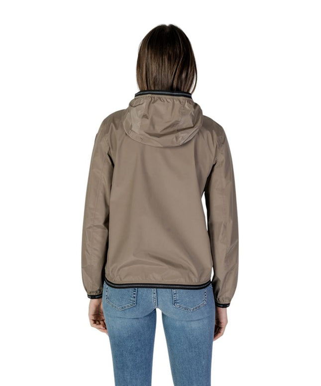 Back view of Blauer green polyamide women's jacket with hood and elastic hem, perfect for lightweight layering.