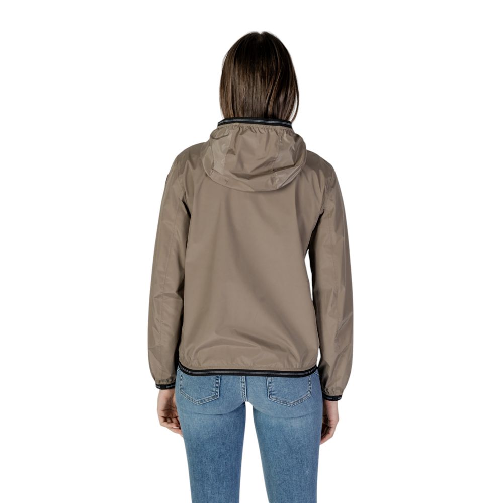 Back view of Blauer green polyamide women's jacket with hood and elastic hem, perfect for lightweight layering.