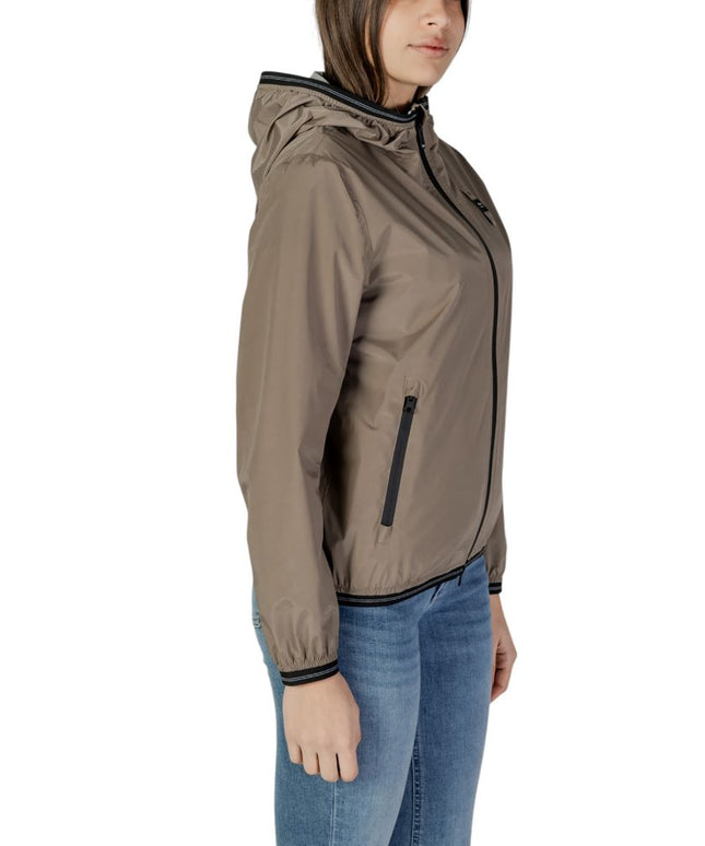 Side profile of Blauer green polyamide women's shell jacket with black zipper and elastic cuffs, ideal for casual wear.