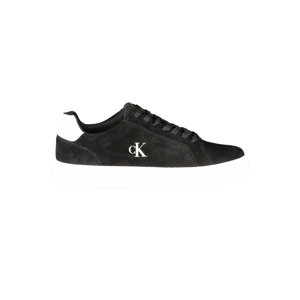Calvin Klein Black Leather Men Sneaker with white sole and CK logo on side, low-top design ideal for casual and streetwear fashion.