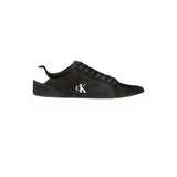 Calvin Klein Black Leather Men Sneaker with white sole and CK logo on side, low-top design ideal for casual and streetwear fashion.