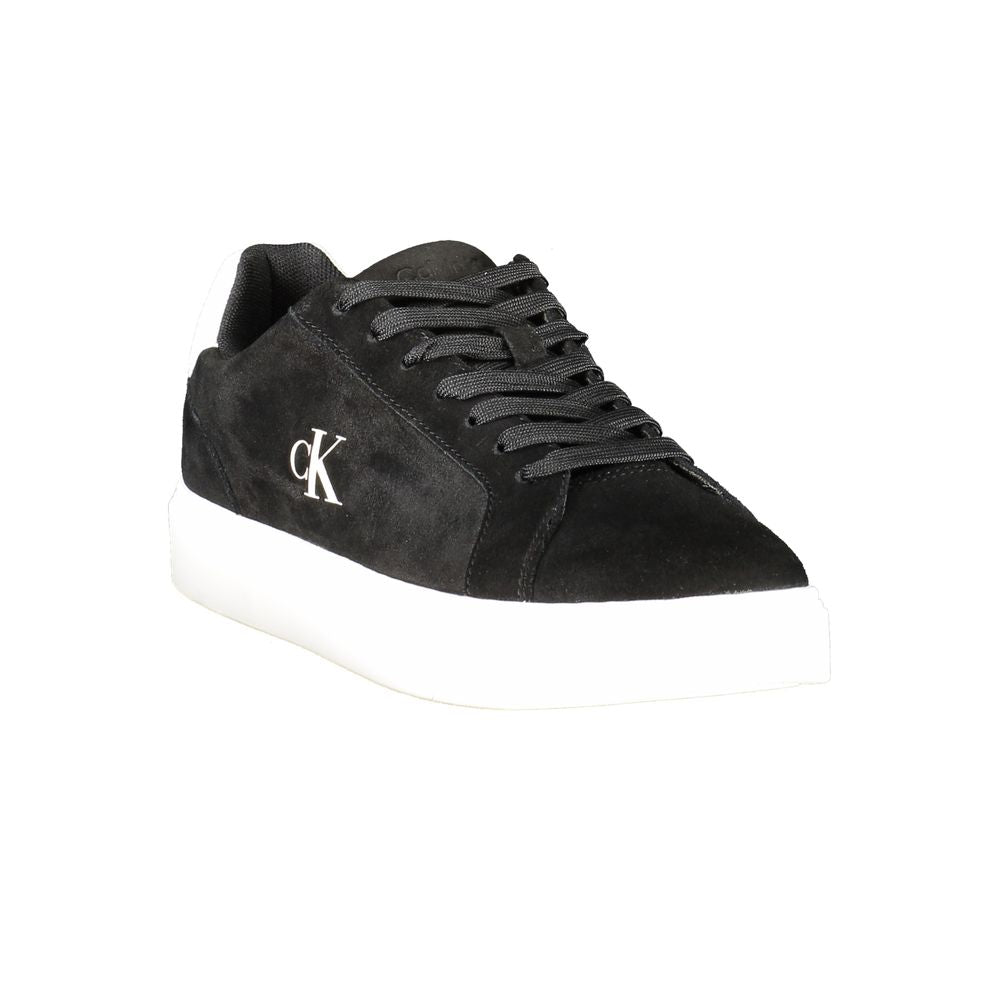 Front angled view of Calvin Klein Black Leather Men Sneaker featuring black laces, suede finish, and signature CK branding for modern style.