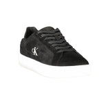 Front angled view of Calvin Klein Black Leather Men Sneaker featuring black laces, suede finish, and signature CK branding for modern style.