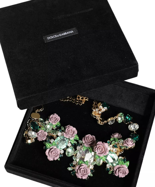 Dolce & Gabbana Gold Brass Link Chain Rose Petal Crystal Necklace