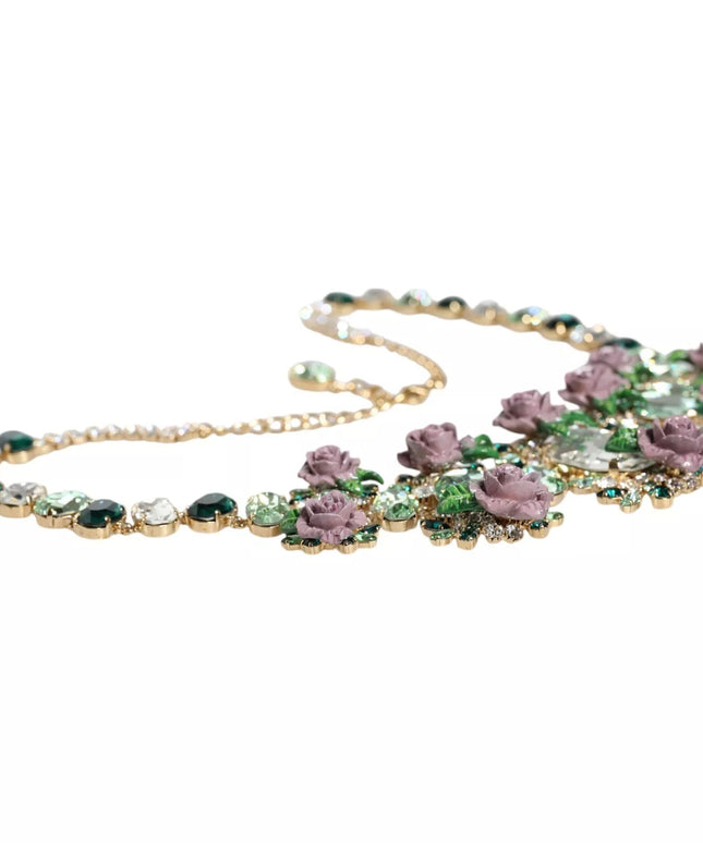 Dolce & Gabbana Gold Brass Link Chain Rose Petal Crystal Necklace