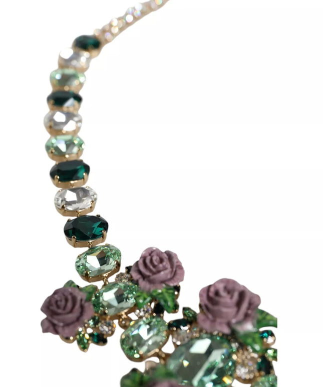 Dolce & Gabbana Gold Brass Link Chain Rose Petal Crystal Necklace