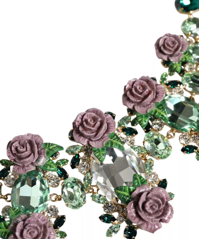 Dolce & Gabbana Gold Brass Link Chain Rose Petal Crystal Necklace