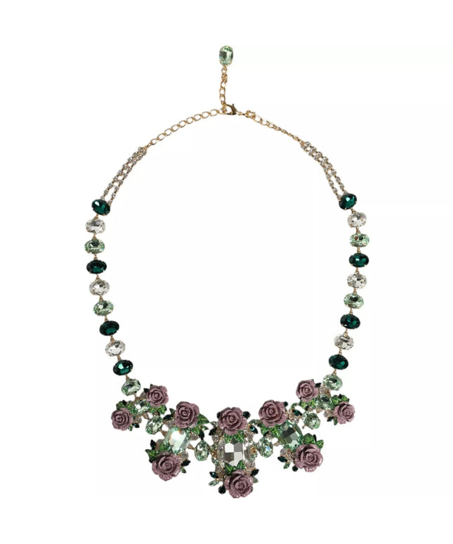 Dolce & Gabbana Gold Brass Link Chain Rose Petal Crystal Necklace